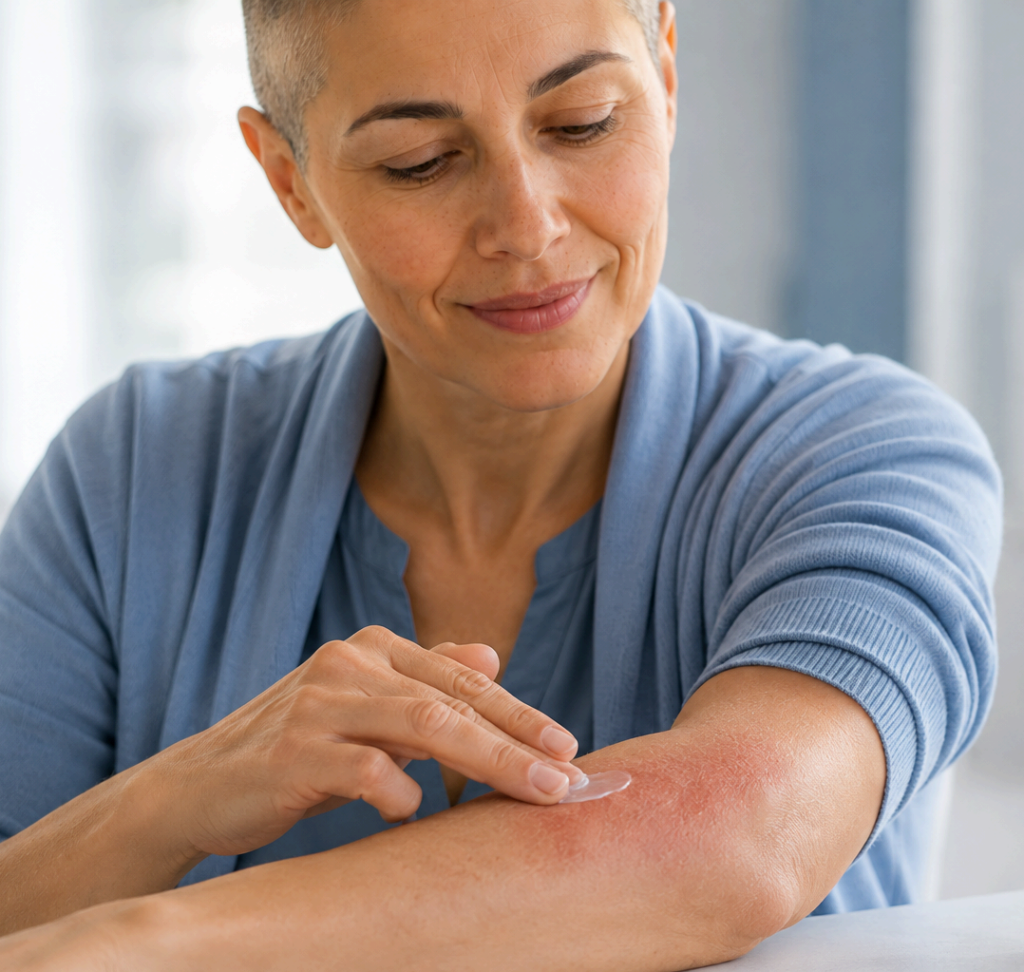 Woman Patient I Tarian Pharma I Applying Gel on Irritated Skin