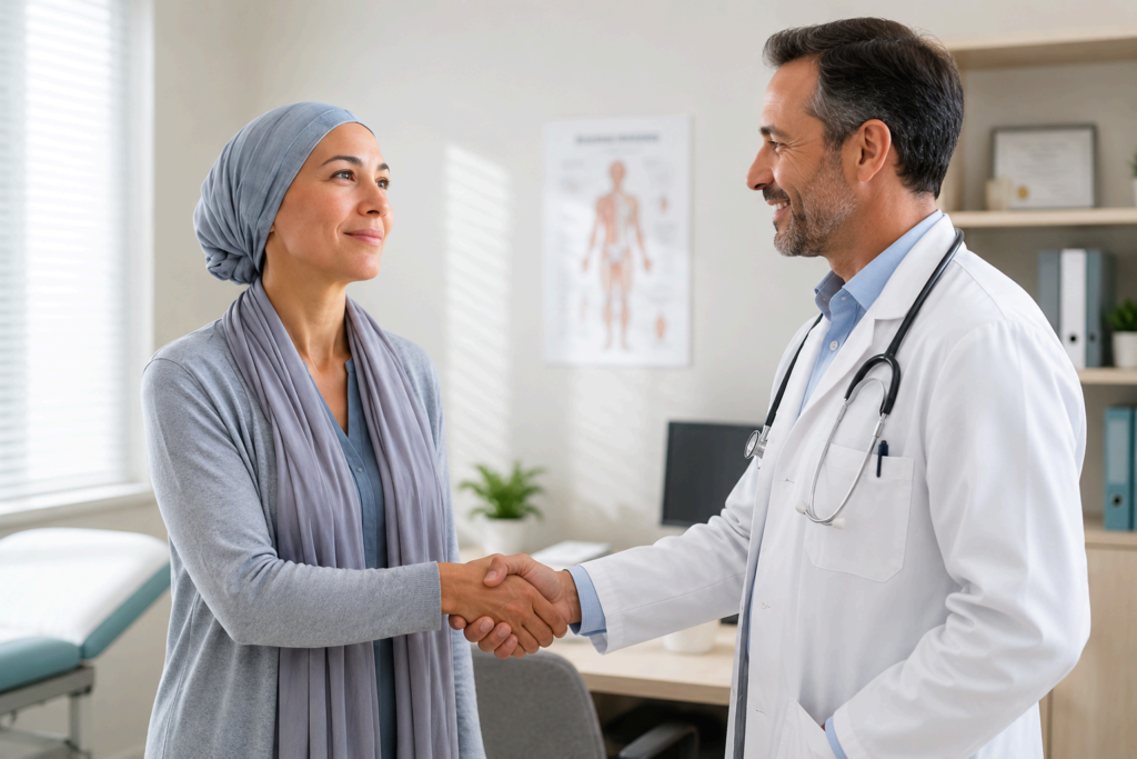 Woman Patient I Tarian Pharma I Standing shaking doctor hand